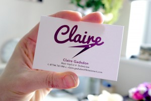Claire Hairdresser business cards printed on an uncoated stock