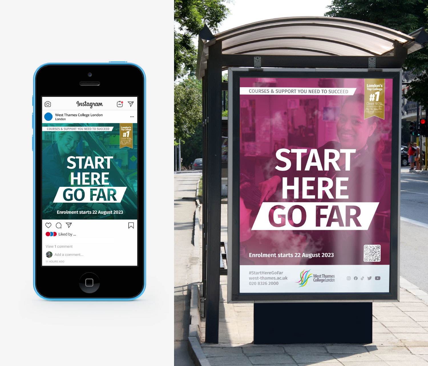West Thames College Enrolment Campaign 2023 | Social Media Post & Bus Stop Advertising